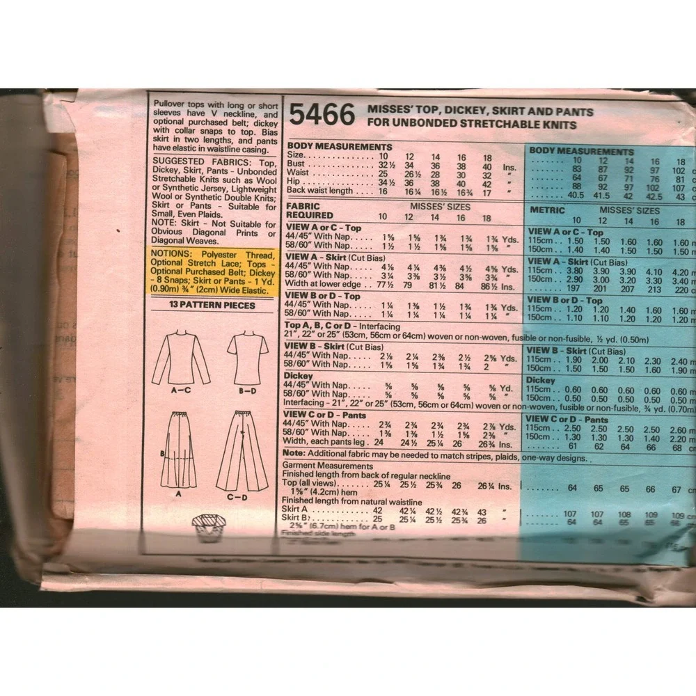 Vintage McCalls 5466 Sewing Pattern Knit-Fits Top Skirt Pants Dickey Size 14 B36